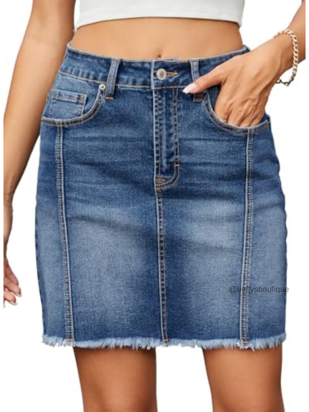 High Waist Stretch Denim Mini Skirt with Raw Hem